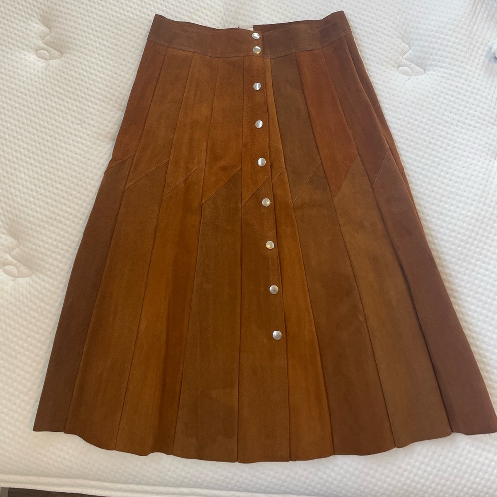 Vintage 70s Suede Button Up A-Line Paneled Midi Skirt